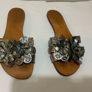 Carrano Slide on  floral 3D silver metallic Straps Sandals Sz 6